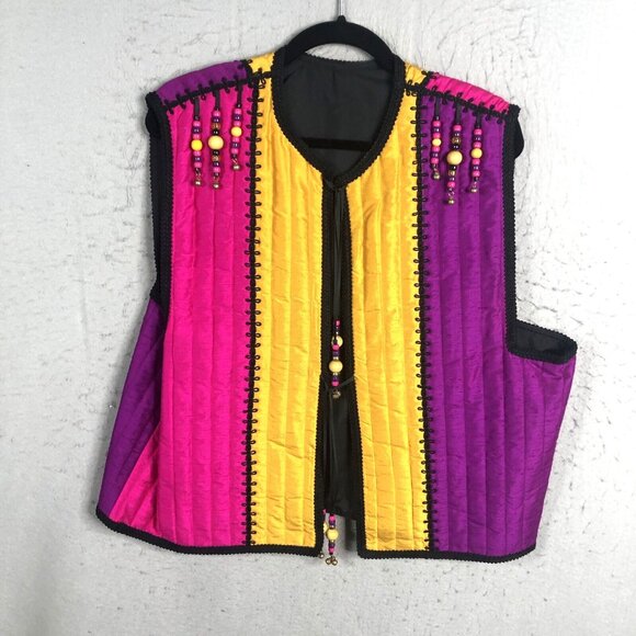 Vintage Art To Wear Vest Women 1X Plus Size Bold Rainbow Quilted Neon Boho Artsy - Picture 1 of 16